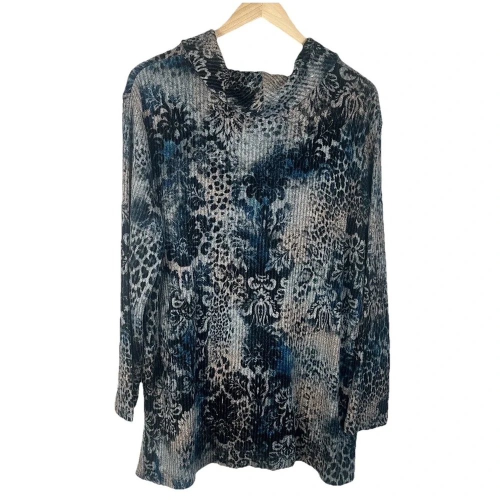 Chico's‎ Zenergy Women's 3 (XL) Sweater Top Cowl Neck Long Sleeved Pullover Blue